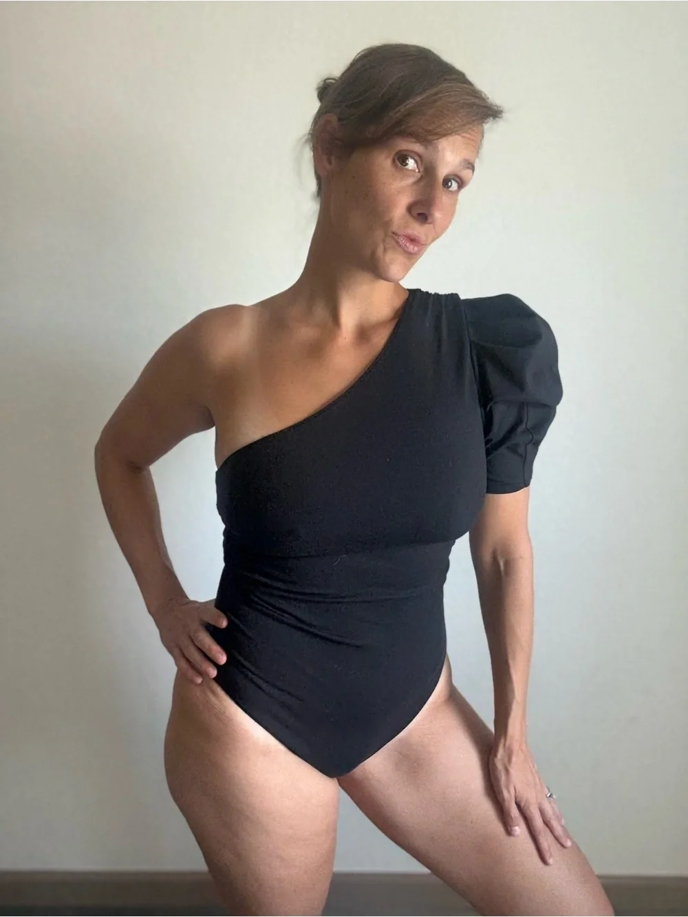Free People One Shoulder Puff Sleeve Black Bodysuit Small Stretchy